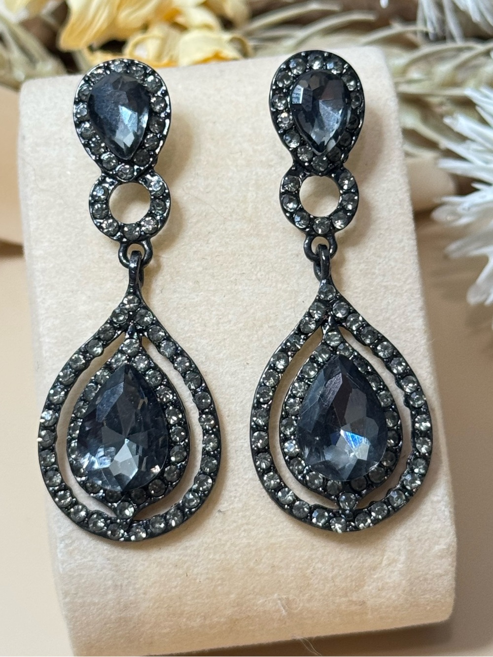 Black Rhinestone Teardrop Dangle Earrings Statement Drop Jewelry